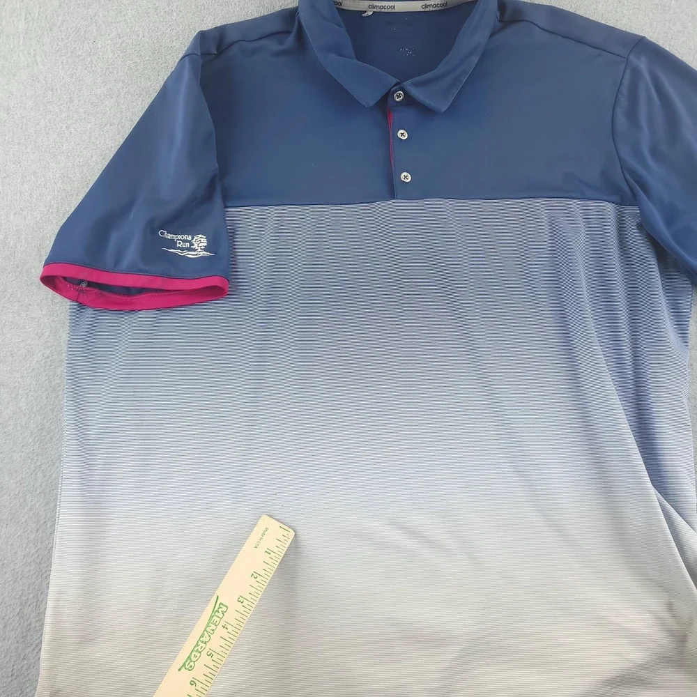 Adidas Golf Polo Shirt Mens 2XL‎ Blue Ombre Stripe Champions Run Climacool Golf